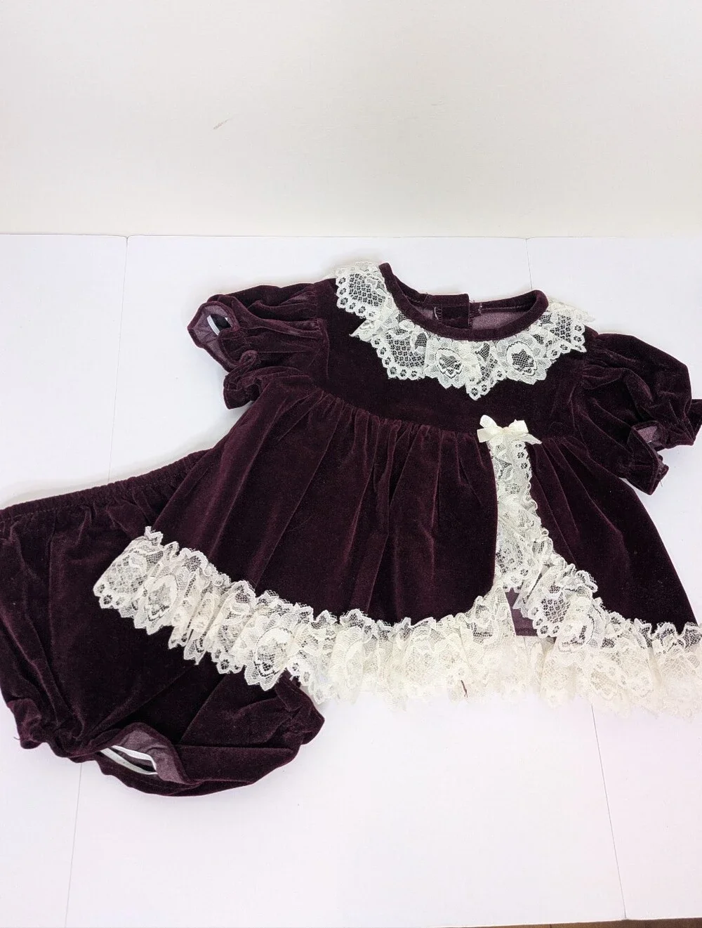 Vintage Hugs & Kisses Velvet Burgundy Dress And Bloomers 6-9m